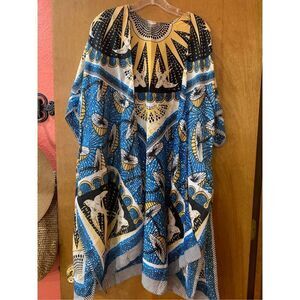 Blue and Yellow Kimono #sunburst #mushrooms #birds